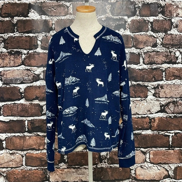 PJ Salvage Pajama Top Women's Large Navy Blue NWT Moose Long Sleeve Waffle Knit - Picture 5 of 13